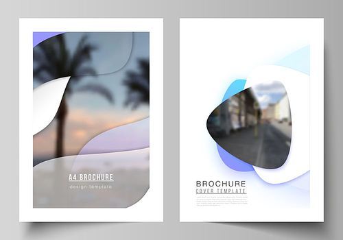 Vector layout of A4 format modern cover mockups design templates for brochure, magazine, flyer, booklet, annual report. Blue color gradient abstract dynamic shapes, colorful geometric template design