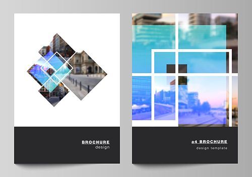The vector layout of A4 format modern cover mockups design templates for brochure, magazine, flyer, booklet, annual report. Creative trendy style mockups, blue color trendy design backgrounds