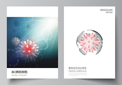 Vector layout of A4 cover mockups templates for brochure, flyer layout, booklet, cover design, book design. 3d medical background of corona virus. Covid 19, coronavirus infection. Virus concept