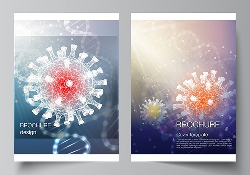 Vector layout of A4 cover mockups templates for brochure, flyer layout, booklet, cover design, book design. 3d medical background of corona virus. Covid 19, coronavirus infection. Virus concept