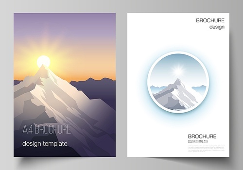 Vector layout of A4 format modern cover mockups design templates for brochure, magazine, flyer, booklet, report. Mountain illustration, outdoor adventure. Travel concept background. Flat design vector.