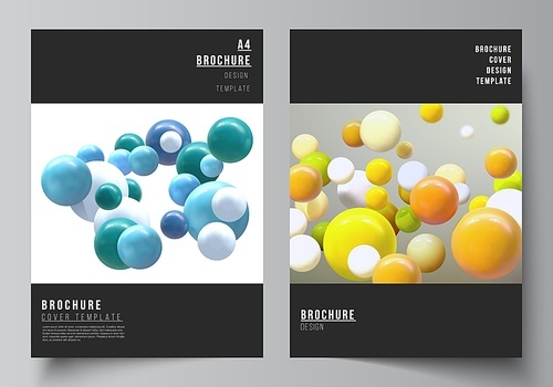 Vector layout of A4 cover mockups templates for brochure, flyer layout, booklet, cover design, book design, brochure cover. Realistic vector background with multicolored 3d spheres, bubbles, balls