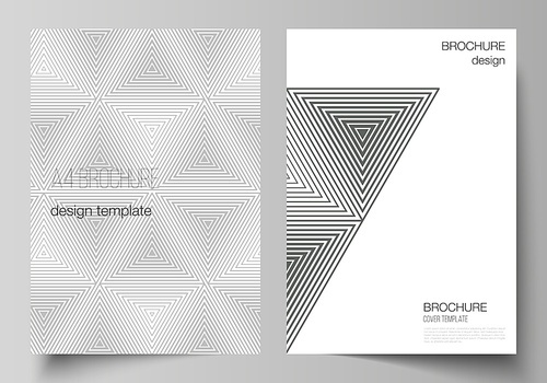Vector layout of A4 format modern cover mockups design templates for brochure, magazine, flyer, booklet, annual report. Abstract geometric triangle design background using triangular style patterns.