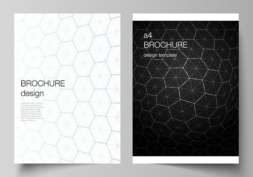 Vector layout of A4 format cover mockups design templates for brochure, flyer. Digital technology and big data concept with hexagons, connecting dots and lines, polygonal science medical background
