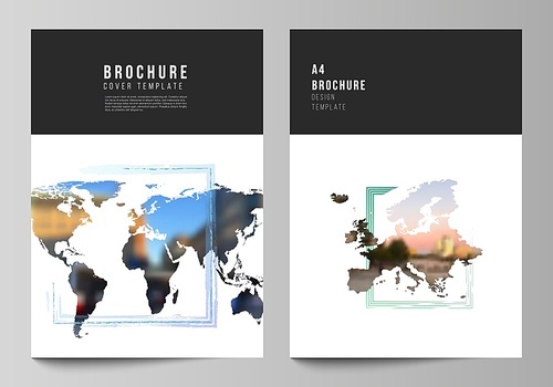 Vector layout of A4 cover mockups templates for brochure, flyer layout, cover design, book design, brochure cover. Design template in the form of world maps and colored frames, insert your photo