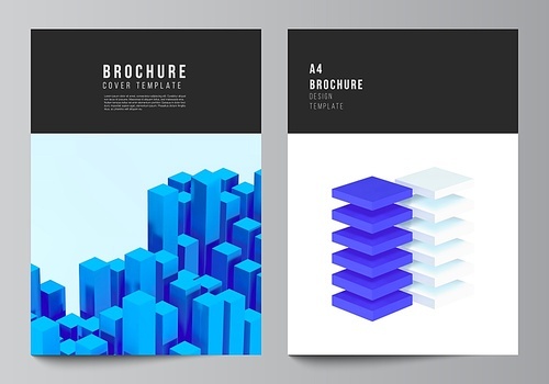 Vector layout of A4 cover mockups templates for brochure, flyer layout, booklet, cover design, book design. 3d render vector composition with dynamic realistic geometric blue shapes in motion