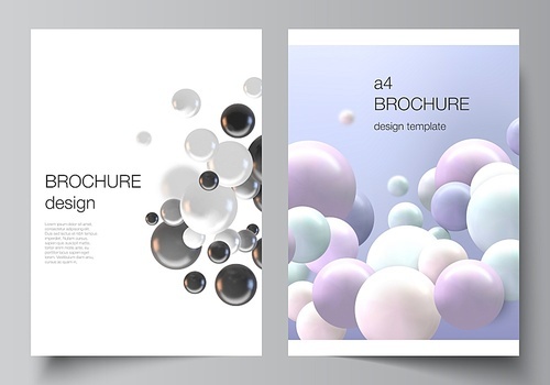 Vector layout of A4 cover mockups templates for brochure, flyer layout, booklet, cover design, book design, brochure cover. Realistic vector background with multicolored 3d spheres, bubbles, balls