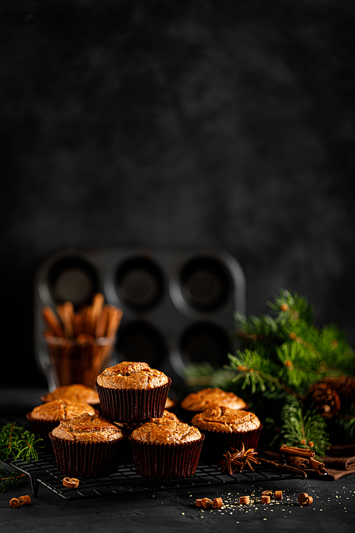Christmas cinnamon muffins on black background