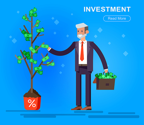 Vector detailed character business investor has the money gains. Earnings have grown as a tree with dollars. Web concept