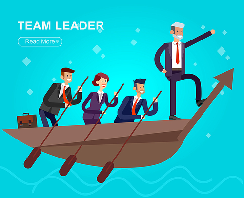 Vector detailed character businessman. Business concept, team moves to success. Man and woman sailing boat.