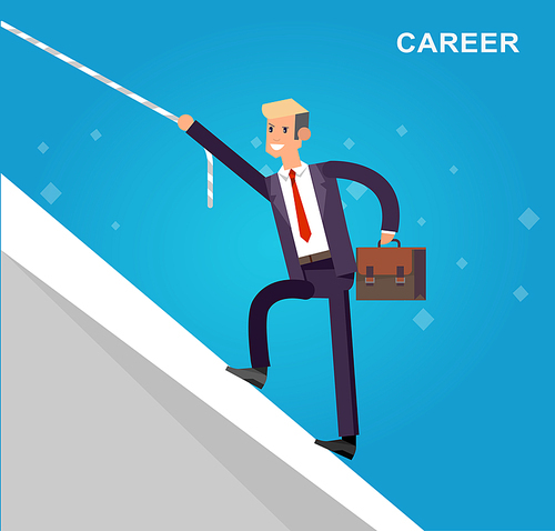 Vector detailed character businessman up the cliff  with a rope. Business concept career growth job change. Web vector illustration