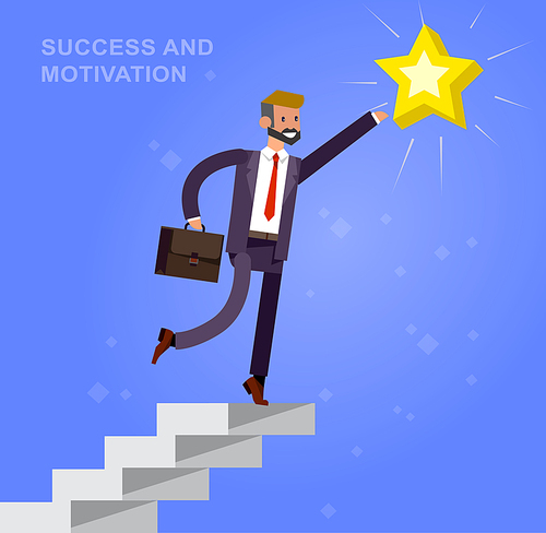 Vector detailed character businessman climbed the stairs and reaching for a star . Business concept career growth job change. Web vector illustration