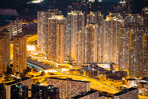 Hong Kong cityscape at night with building layers