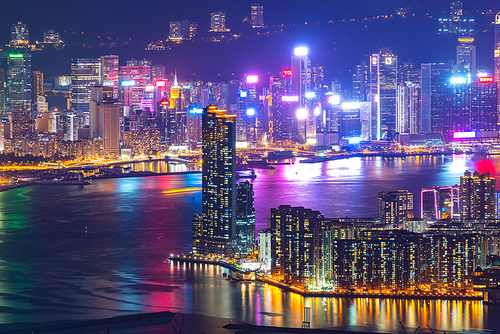Hong Kong, China - August, 2019 :  Hong Kong cityscape at night, sky scraper building