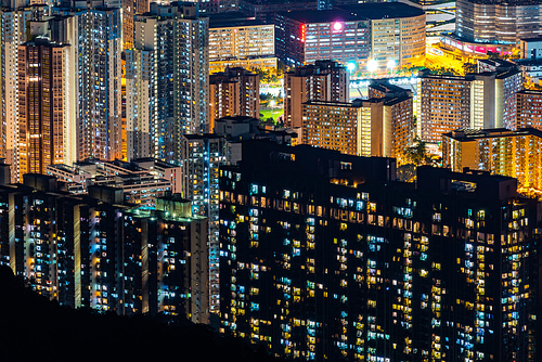 The night light of the condominium building In Hong Kong, China
