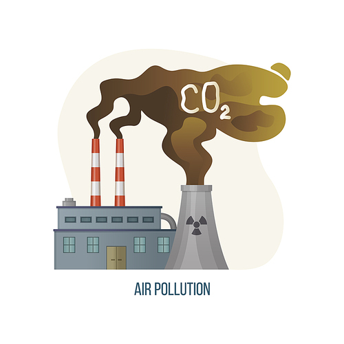 Air pollution vector, factory with CO2 gas emission industrial waste and polluted area, smoke from enterprises, building with hazardous works ecology. Concept for Earth day