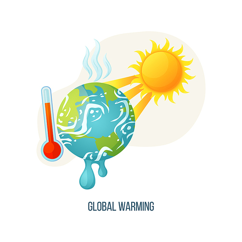 Global warming vector, planet with vapors and melting ground surface, thermometer with scale showing red color, sunshine and heat of sun ecology poster. Concept for Earth day