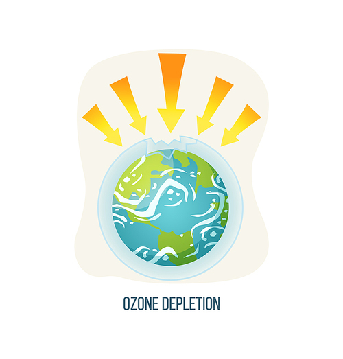 Ozone depletion vector, ecological problems on planet isolated icon, poster with inscription, earth with arrowheads and broken layer issues and danger. Earth day concept