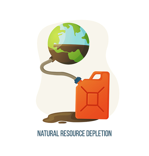 Natural resource depletion vector, canister with liquid pumped from Earth planet, container with pipe and spilled water, environmental problems poster. Concept for Earth day