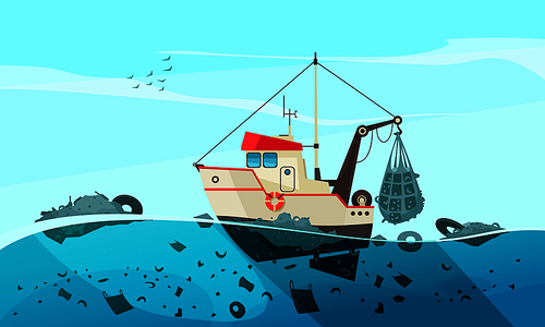 Nature water pollution composition with open sea scenery and flat image of cleaning ship collecting waste vector illustration