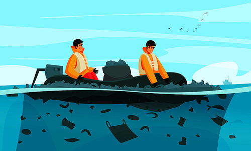 Nature water pollution composition with doodle characters of collectors in rubber inflatable boat with rubbish bins vector illustration