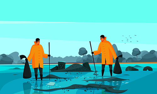 Nature water pollution composition with flat doodle characters of toxic waste collectors in dirty water scenery vector illustration