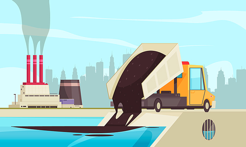 Nature water pollution flat composition with view of factory buildings and truck spilling waste into water vector illustration