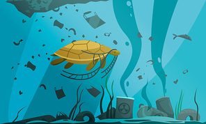 Nature water pollution composition with underwater scenery and turtle swimming through particles of dirt and waste vector illustration