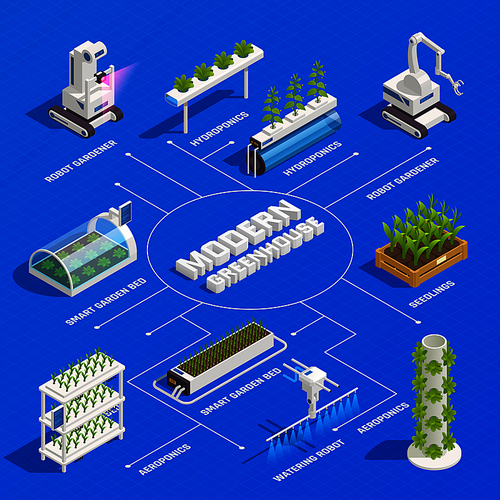 Modern greenhouse smart plant beds robots gardeners hydroponic and aeroponic systems germinated seedlings isometric flowchart vector illustration