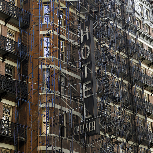 Scaffolding on exterior of Hotel Chelsea, Midtown Manhattan, New York City, New York State, USA