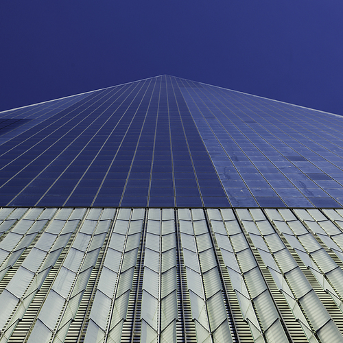 Low angle view of exterior facade, One World Trade Center, Lower Manhattan, New York City, New York State, USA