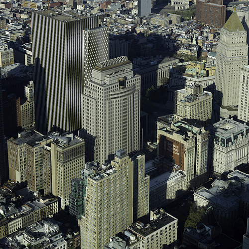 Aerial view of skyscrapers in city, New York City, New York State, USA