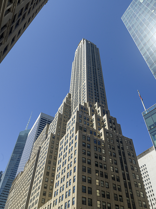 Low angle view of skyscrapers in city, Manhattan, New York City, New York State, USA
