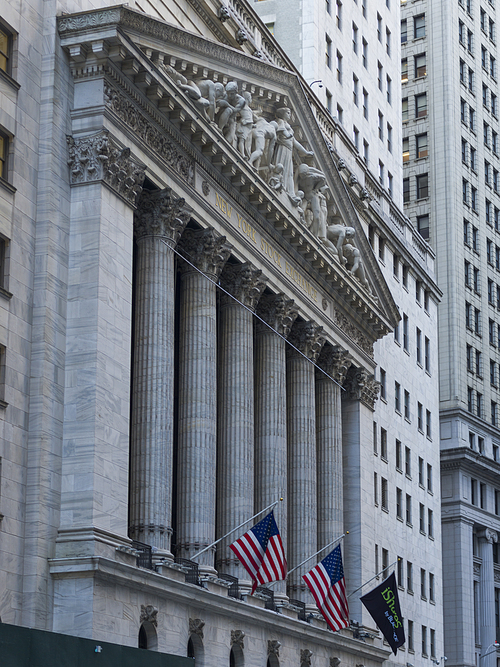 Low angle view of New York Stock Exchange building, Wall Street, Lower Manhattan, New York City, New York State, USA