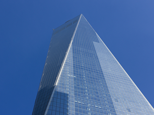 Low angle view of skyline, One World Trade Center, Lower Manhattan, New York City, New York State, USA