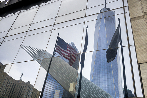 Reflection of One World Trade Center on another skyscraper, Lower Manhattan, New York City, New York State, USA
