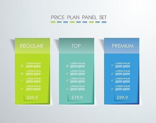 3 payment plans for online services, pricing table for websites and applications.