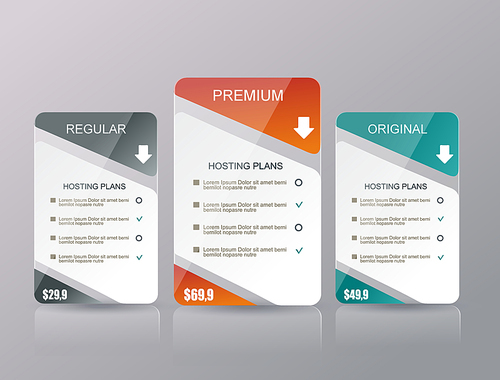3 payment plans for online services, pricing table for websites and applications.