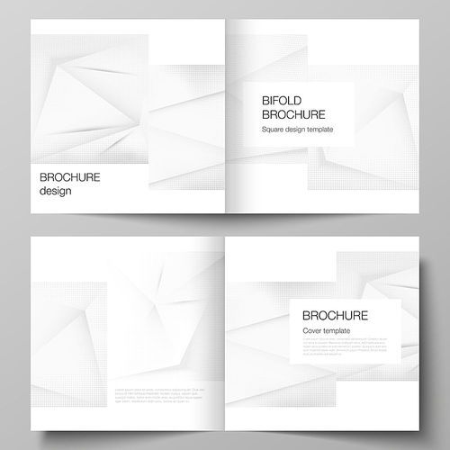 Vector layout of two covers templates for square design bifold brochure, magazine, cover design, book design, brochure cover. Halftone dotted background with gray dots, abstract gradient background.