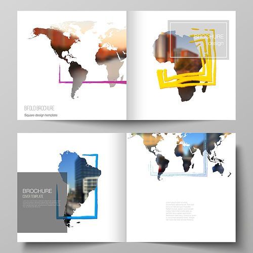 Vector layout of two covers templates for square bifold brochure, flyer, cover design, book design, brochure cover. Design template in the form of world maps and colored frames, insert your photo