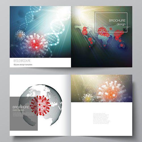 Vector layout of two cover templates for square bifold brochure, flyer, cover design, book design, brochure cover. 3d medical background of corona virus. Covid 19, coronavirus infection. Virus concept.