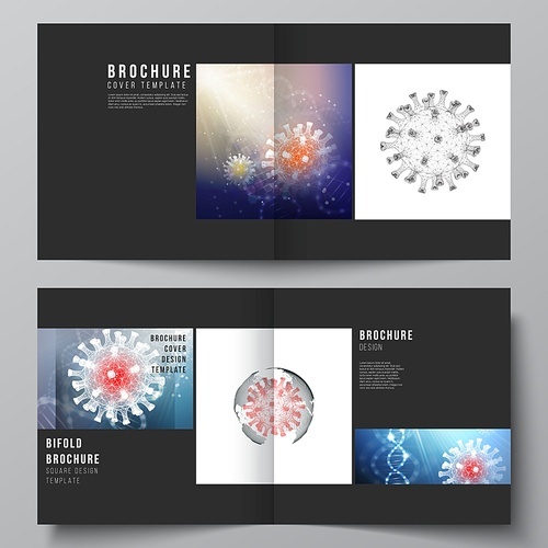 Vector layout of two cover templates for square bifold brochure, flyer, cover design, book design, brochure cover. 3d medical background of corona virus. Covid 19, coronavirus infection. Virus concept.