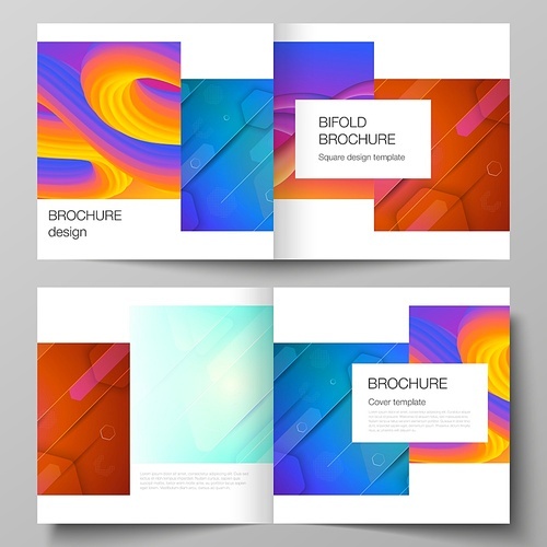 Vector illustration layout of two covers template for square design bifold brochure, magazine, flyer, booklet. Futuristic technology design, colorful backgrounds with fluid gradient shapes composition.
