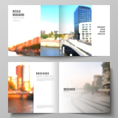Vector layout of two covers templates for square design bifold brochure, flyer, cover design, book design, brochure cover. Abstract halftone effect decoration with dots. Dotted pattern decoration