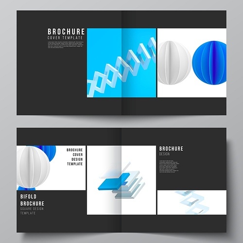 Vector layout of two covers template for square bifold brochure, flyer, magazine, cover design, book design, brochure cover. 3d render vector composition with realistic geometric blue shapes in motion.