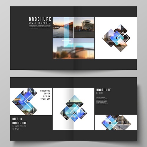 The vector illustration of the editable layout of two covers templates for square design bifold brochure, magazine, flyer, booklet. Creative trendy style mockups, blue color trendy design backgrounds