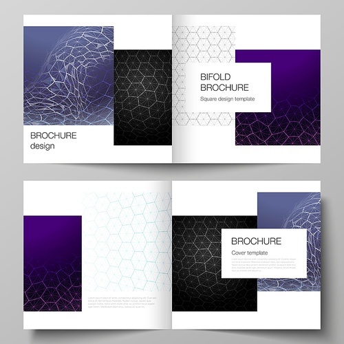 Vector layout of two covers templates for square design bifold brochure, flyer. Digital technology and big data concept with hexagons, connecting dots and lines, polygonal science medical background