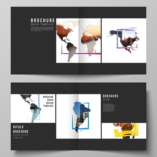 Vector layout of two covers templates for square bifold brochure, flyer, cover design, book design, brochure cover. Design template in the form of world maps and colored frames, insert your photo