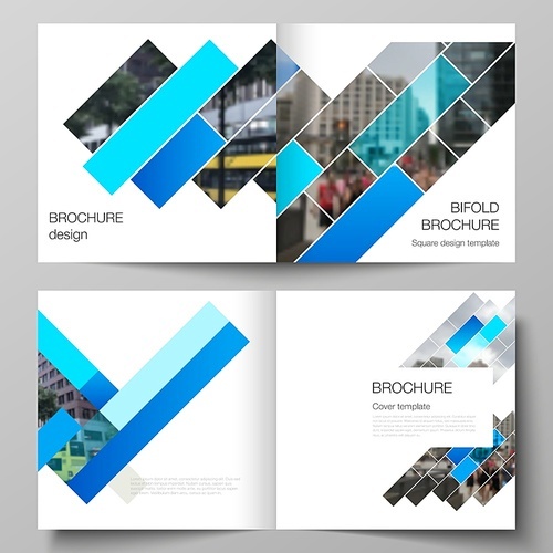 The vector illustration layout of two covers templates for square design bifold brochure, magazine, flyer, booklet. Abstract geometric pattern creative modern blue background with rectangles