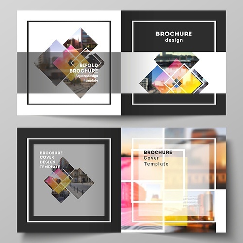 The vector illustration of the editable layout of two covers templates for square design bifold brochure, magazine, flyer, booklet. Creative trendy style mockups, blue color trendy design backgrounds